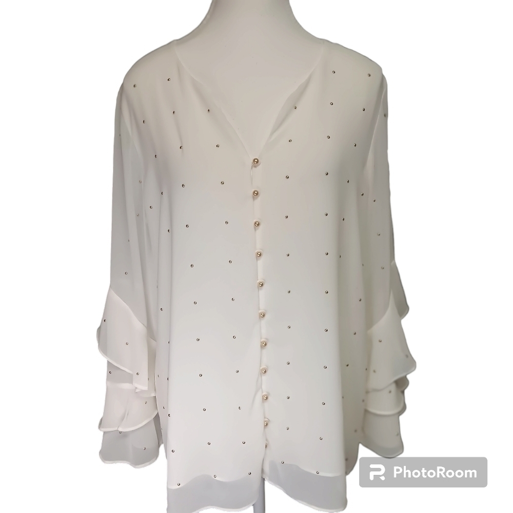 Alfani Long Sleeve Blouse with Ruffles and Gold and Pearl Accents Women's Size M